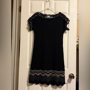 M MISSONI Black Chevron Wool Knit Scallop Gold Lurex Dress 6